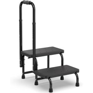 Suteck 2 Step Stool with Handle for Elderly - 6 Legs Welded Frame 10 Adjustable Height Safety Step Stool for Adult, Non-Slip for Bathroom, Bedside, Kitchen & RV Use, 450LBS, Black