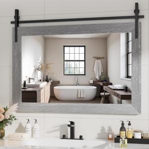 Hasipu Farmhouse Bathroom Mirror, 40"x26" Rustic Wood Framed Wall Mounted Mirror, Gray Vintage Vanity Mirror Barn Door Style Decrative Mirrors (Grey)