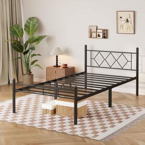 14 Inch Twin Size Bed Frame No Box Spring Needed,Heavy Duty Metal Platform with headboard and Footboard, Noise Free, Sturdy Steel Slat Support, Easy Assembly(Black and Rhombus)