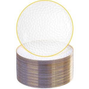Rubtlamp 100 Pcs Clear Gold Plastic Plates, Hammered Party Plates, Clear Disposable Dessert Plates,Clear Gold Plates 7 Inch, Gold Plastic Dessert Plates Disposable For All Occasions