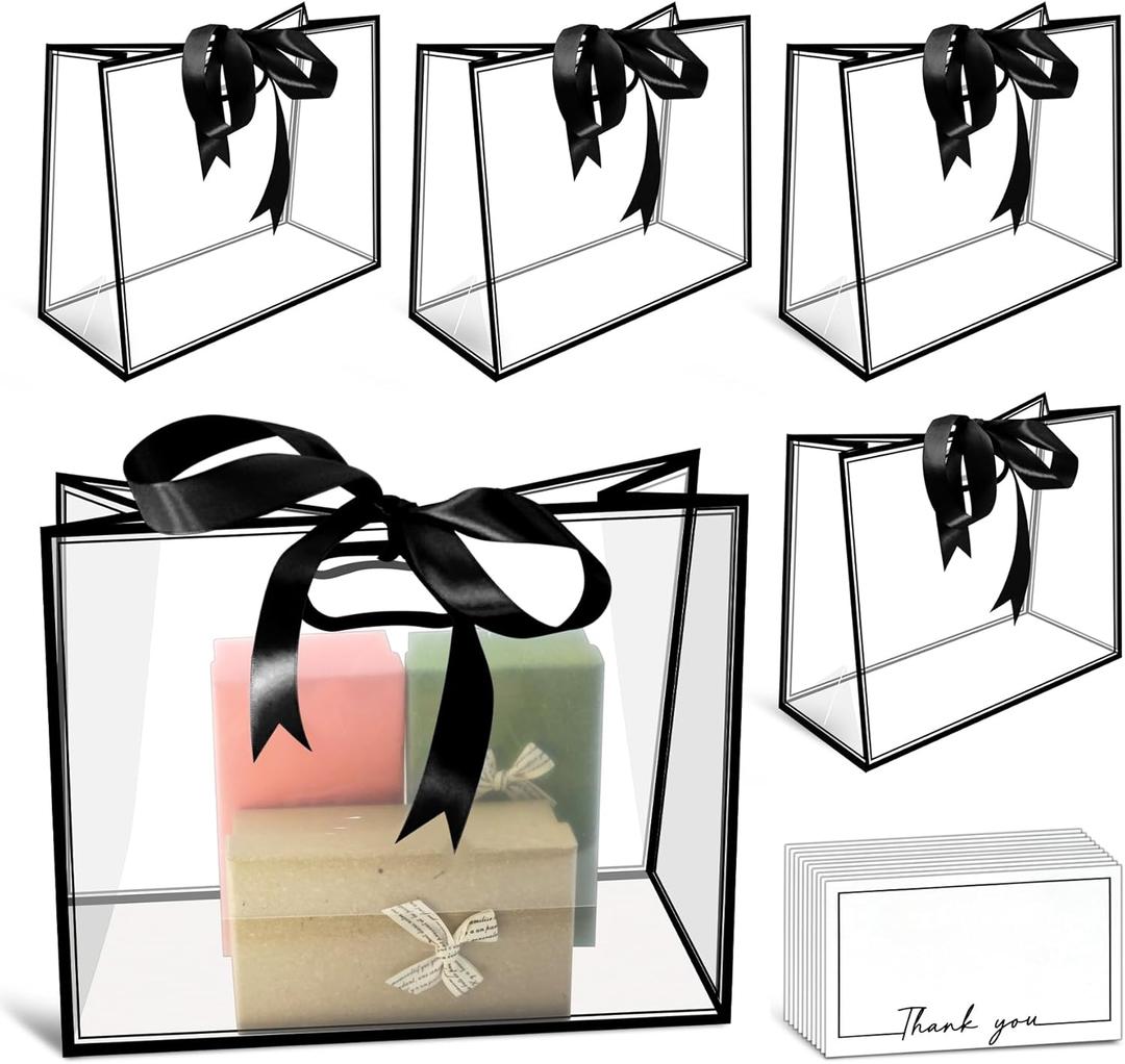15Pack Clear Plastic Gift Bags with Handle,Reusable PP Gift Wrap Tote Bags with Ribbon Card for Wedding Bridal Birthday Party Baby Shower Goodies Graduation Shopping Business, 12x10x5Inch (black, large)
