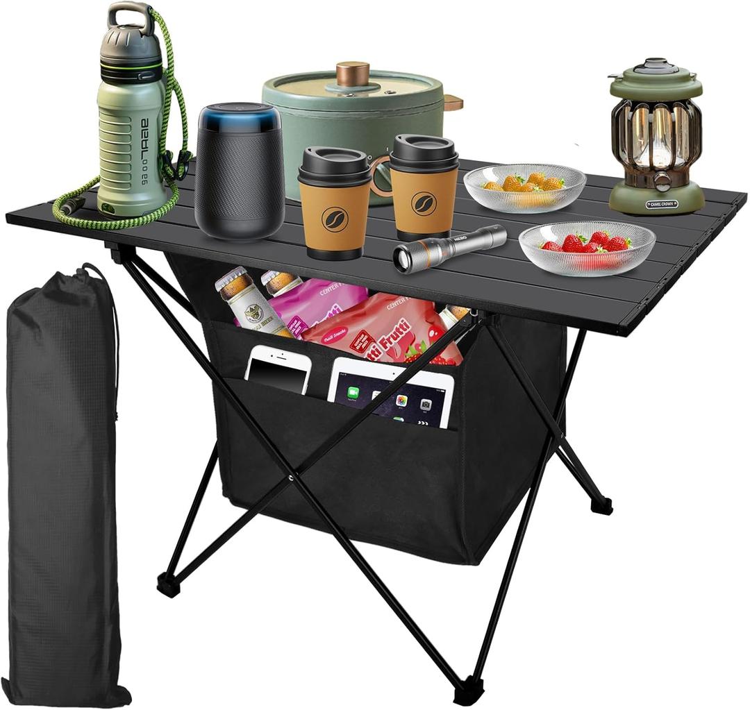 Foldable Camping Side Table, Ultralight Small Beach Table Aluminum, Portable Outdoor Table with Carry Bag and Storage for Picnic, Grill, Hiking, Fishing, Sand, Camping Essentials(L) (27 Large, Black)