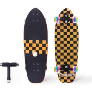 Nattork Complete Kid Skateboards 29" x 9" Youth Cruiser Skateboard for Beginners Double Kick Deck Concave Girls or Boys Skateboard (Golden Check)
