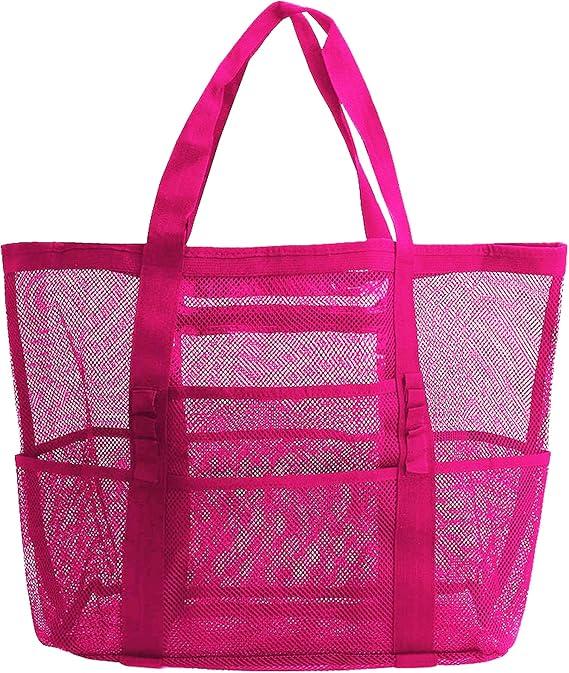 Mesh Beach Bag-Large Tote Bag for Family,Tote Bag with Zipper Pocket for Pool,Toys & Vacation Essentials, Rose Red