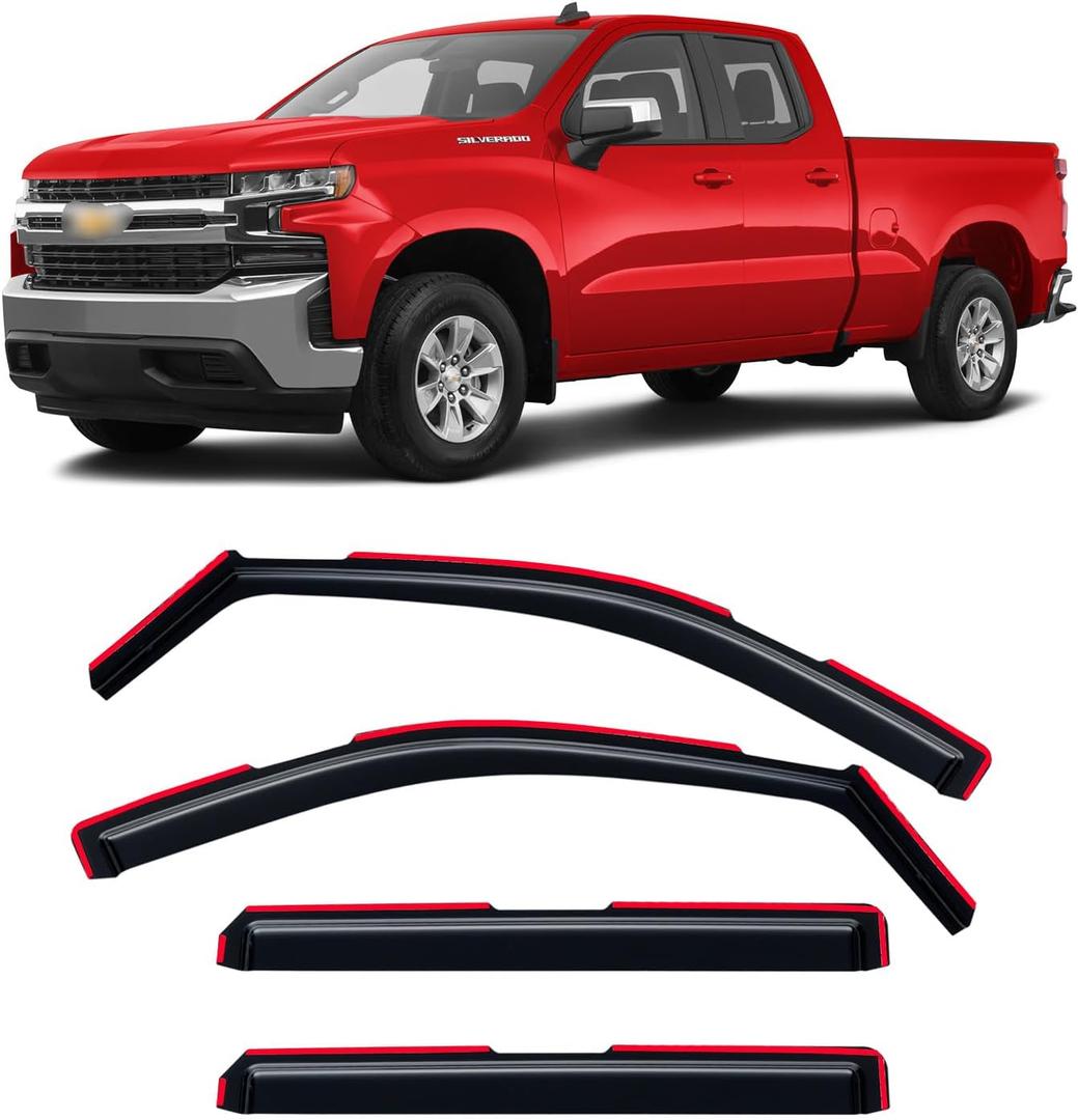 in-Channel Rain Guards for Chevy Silverado/GMC Sierra 1500 2019-2026 Crew Cab, Window Visor Shields Vent Deflector Shade Wind Dark Smoke 2020 2021 2022 2023 2024 2025, Tape-On Outside-Mount, 4PCS