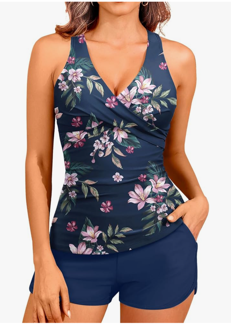 Women Tankini Swimsuits with Shorts - Two Piece Tummy Control Bathing Suits Top with Two Pockets Bottom Swimwear, size M