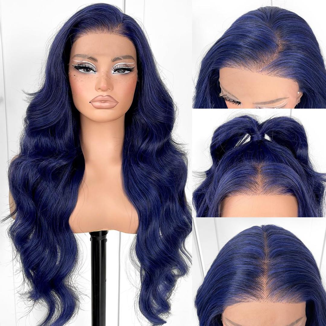 13x6 Glueless Blue Body Wave Lace Front Wig Pre Plucked Synthetic Dark Blue HD Lace front wig for fashion women transparent lace front wig for cosplay party
