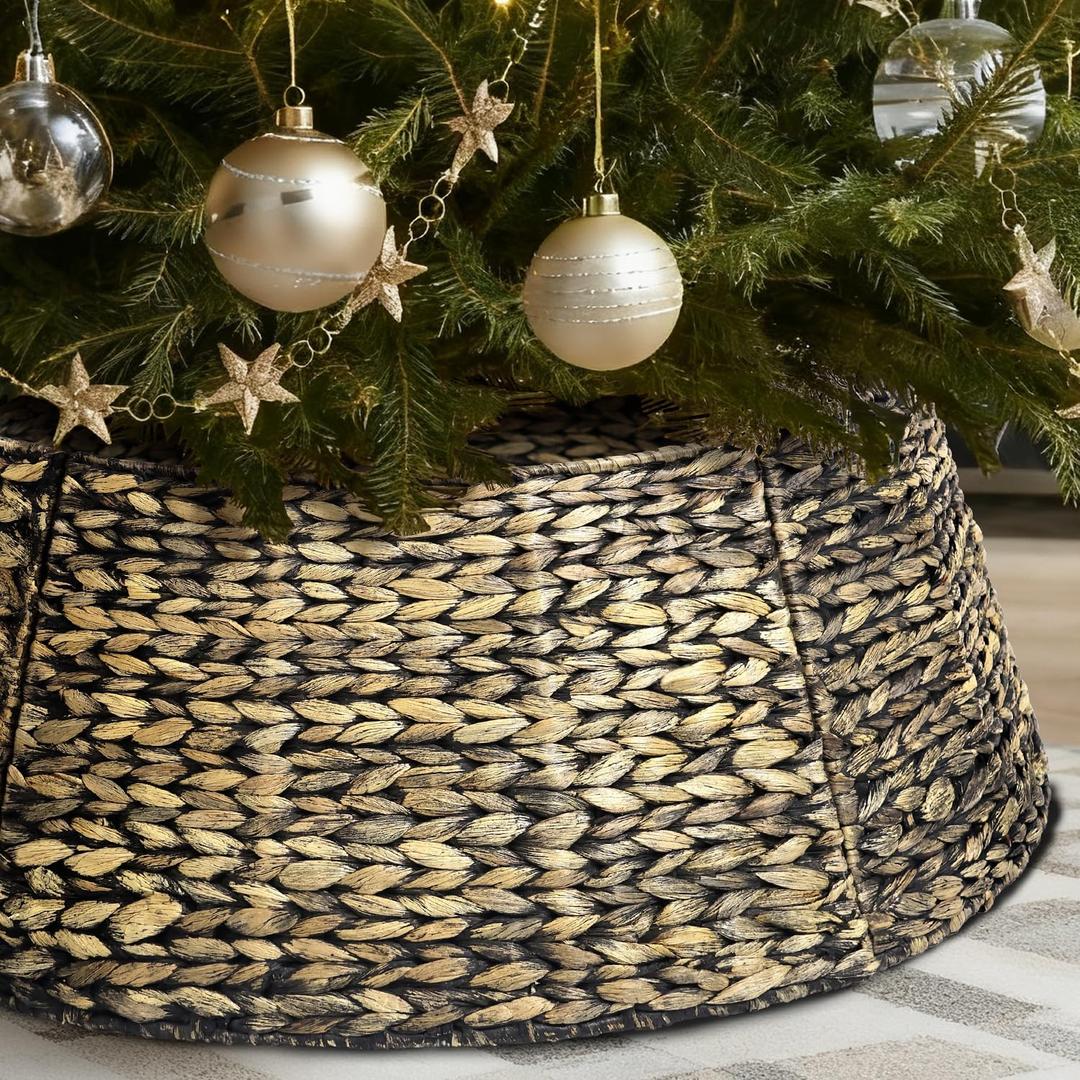 6-Piece Rattan Christmas Tree Collar - 33" Rustic Farmhouse Tree Skirt- Xmas Tree Base Cover for Christmas Decoration- Woven Holiday Tree Ring Accessory for Home, Living Room (Black Wash, 33 in)