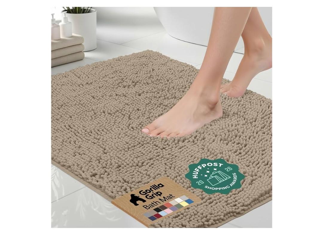 GORILLA GRIP Bath Rug Mat 54x24, Thick Absorbent Chenille, Quick Dry Microfiber Mats, Rubber Backing Washable Shower Floor Rugs, Bathmat Runner, US Designed Bathroom Home Decor Accessories Gray Beige
