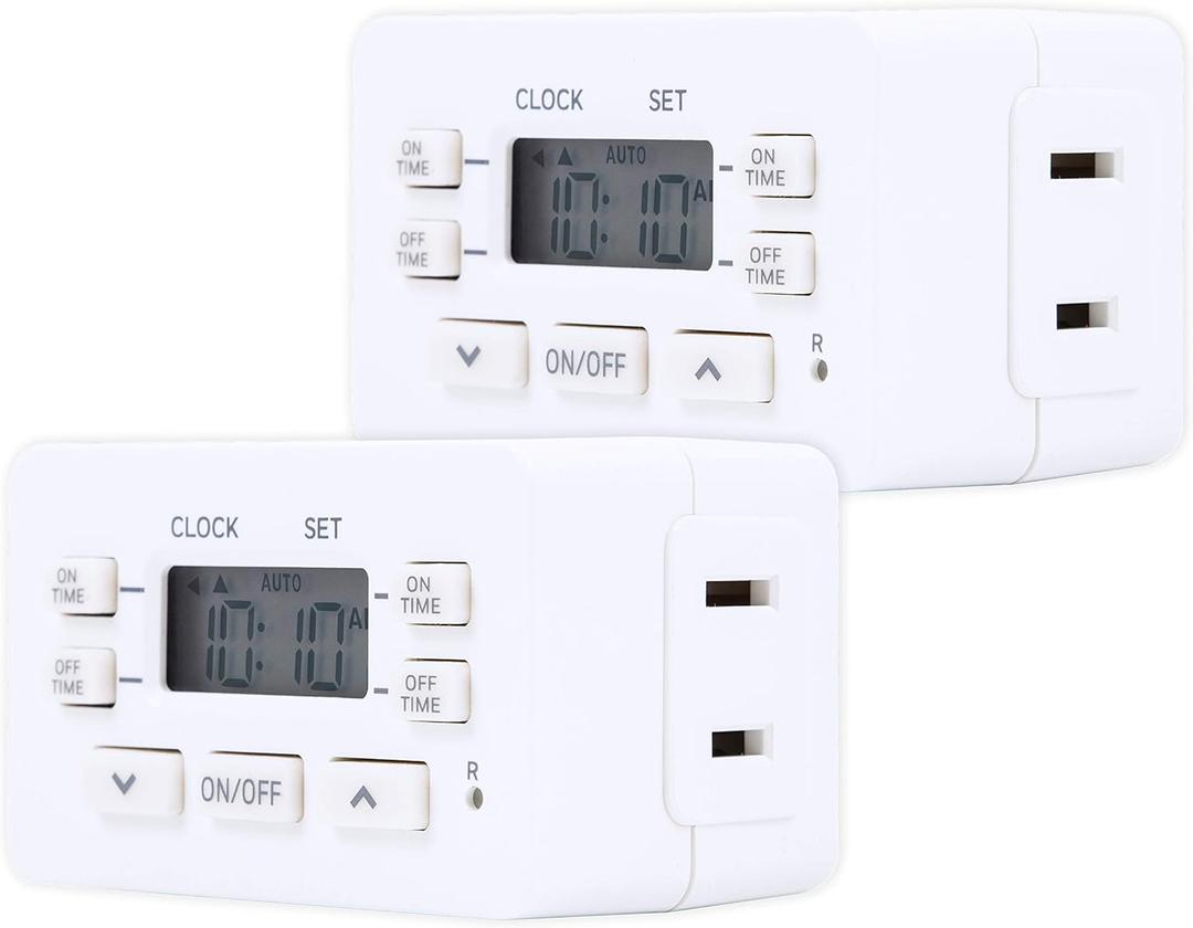 UltraPro 24hr Digital Bar Outlet Timer - 1-Polarized, 2 Programmable ON/OFF Cycles, 125VAC Light Timer, White, 2 Pack
