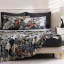 LONAVA Flower King Size 6 Pcs Sheet Set, Breathable Microfiber Deep Pocket Black Fitted Sheets, Comfy & Breathable Patterned Flat Sheets,4 Gentle Soft Pillowcases, Midnight Blossoms
