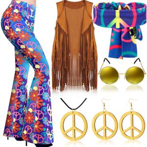 Haull 7 Pcs 60s 70s Outfits for Women Hippie Costume Set Boho Flared Pants Fringe Vest Peace Sign Accessories Set (Small)