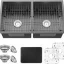 Black Kitchen Sink, 50/50 Double Bowl 33x19x8 Inch Undermount Stainless Steel Drop In Large Kitchen Sink Combo-Stainless Grid, Silicon Mat, Installation Clips For Modern SS Stylish Kitchen&Bar, 33x19x9 inches