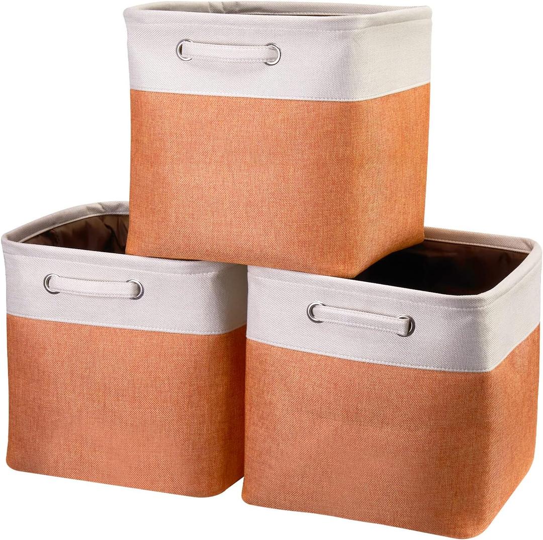 Fabric Cube Storage Boxes Foldable Storage Bins 13-Inch Orange and Beige Patchwork Storage Baskets Cube Storage Bins with Handle Cube Inserts Storage for Home and Office Supplies 3 Pcs/Pack, Sy-1