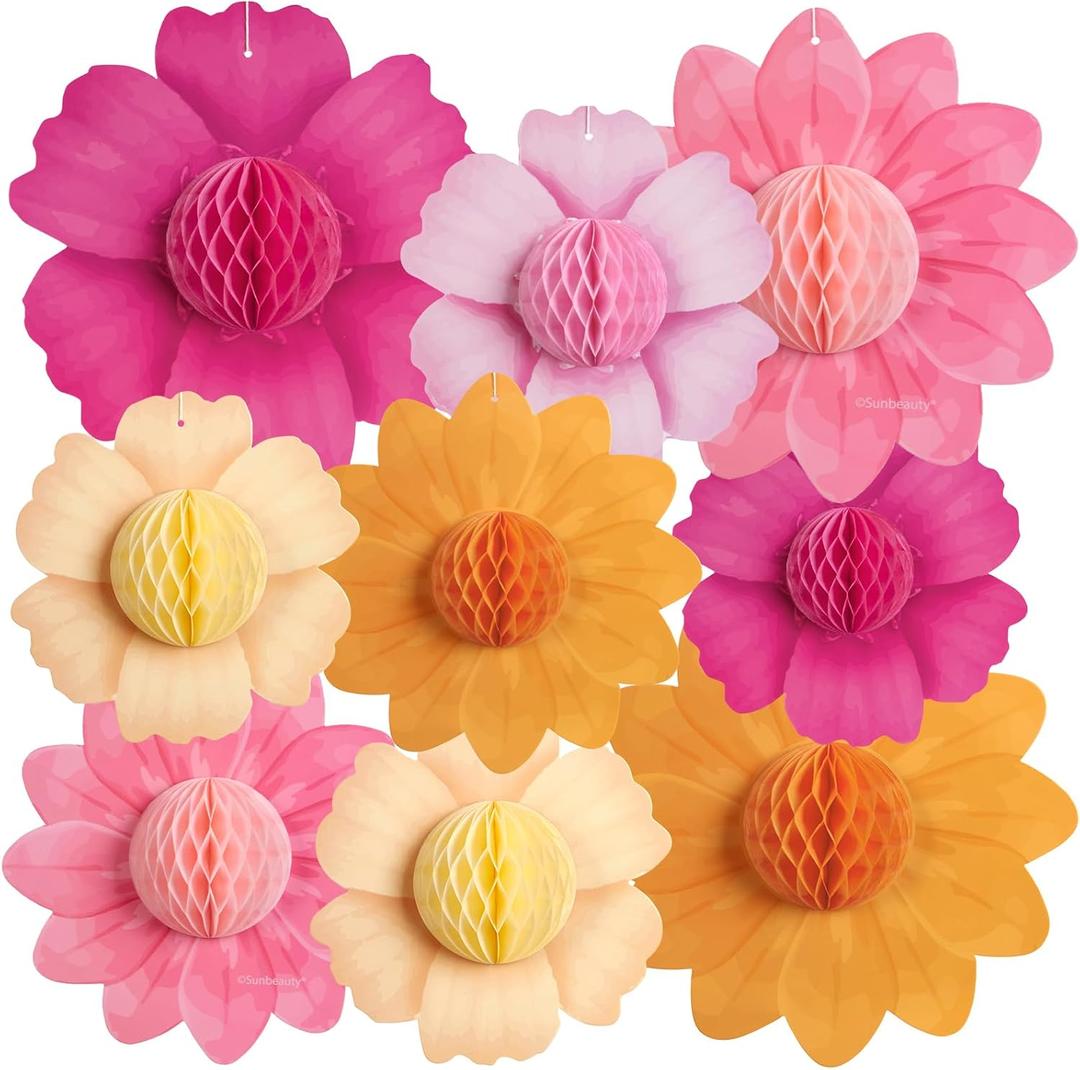 SUNBEAUTY 9PCS Hot Pink and Orange Party Decorations Paper Flowers Honeycomb Hanging Large Paper Flowers Pom Poms Fiesta for Girl Women Birthday Spring Garden Tea Party Wedding Baby Shower Wall