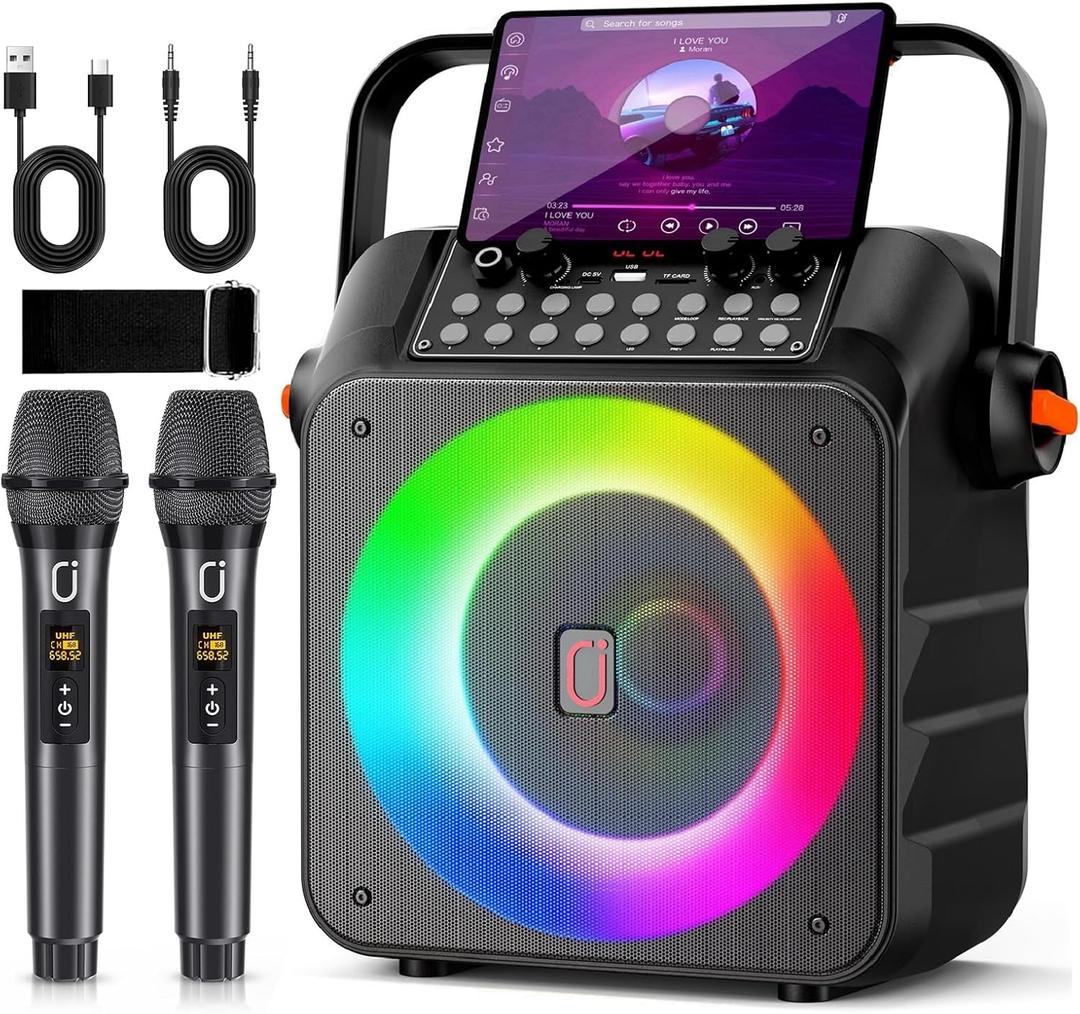 HWWR Karaoke Machine for Adults, Portable Bluetooth Speaker with 2 Wireless Microphones, 6.5" Subwoofer, LED Lights, PA System with Karaoke Microphone Support REC/USB/AUX for Home Party