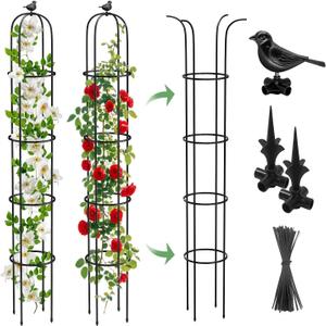 2 Pack Garden Obelisk Trellis for Climbing Plants Outdoor, 6.2 FT Tomato Cage, Rose, Flowers, Grape, Pea, Cucumber Trellis, Rustproof Plastic Coated Metal Plant Support Trellis for Potted Plants (Black)