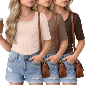 3 Pack Girls Half Sleeve Tops Ribbed Knit Short Sleeve U Neck Shirts 5-14 Years Kids Slim Scoop Neck Basic Tees