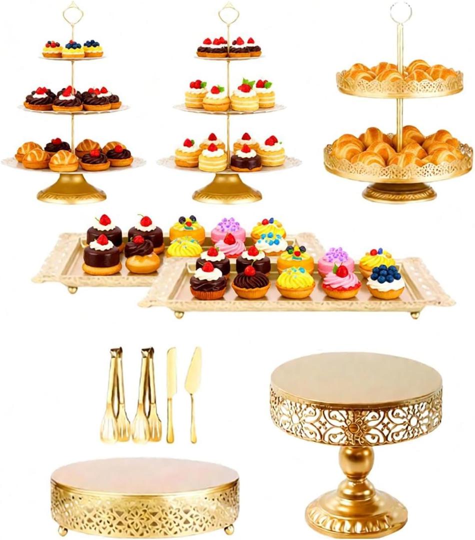 11 Pcs Gold Cake Stand Set for Wedding, Cake Display Tower for Birthday Party, Fruit Candy Donut Plate Serving Tower Tray Platter for Chrismas Celebration