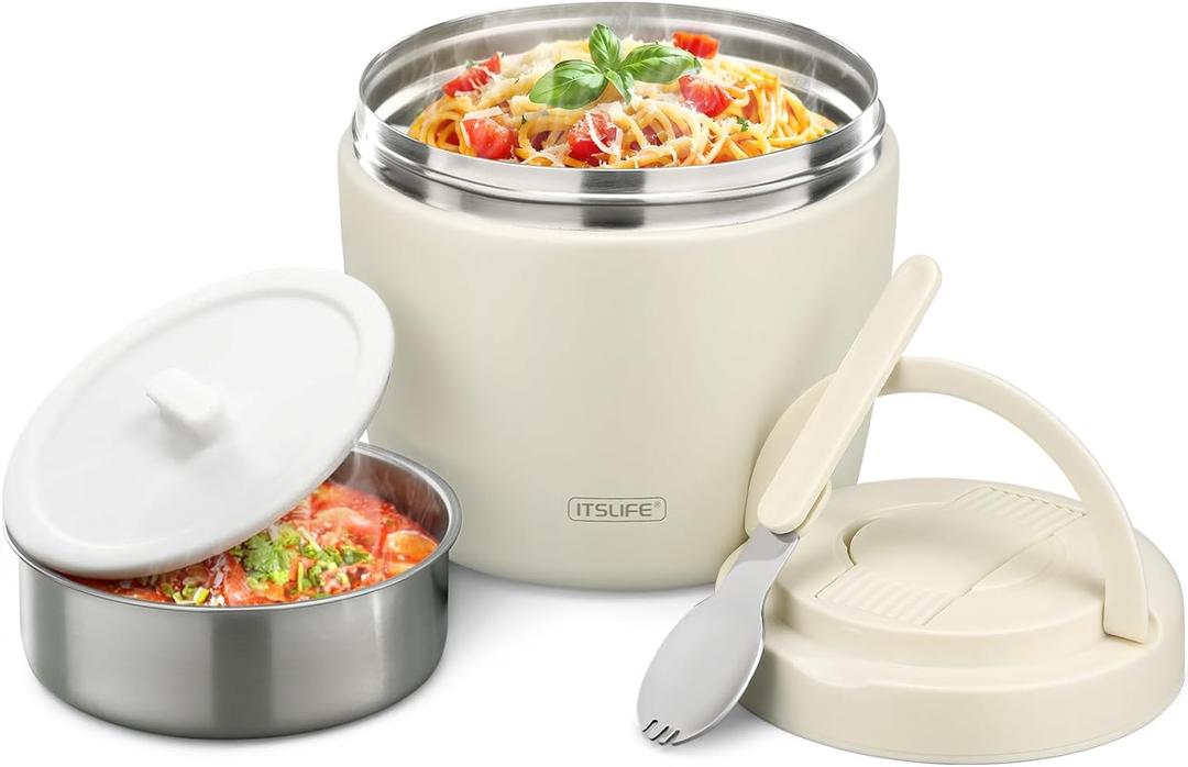 Itslife 32oz Insulated Soup Thermo, Vacuum Stainless Steel Food Jar for Hot & Cold Food, Leakproof Wide Mouth Lunch Container with Spoon, White