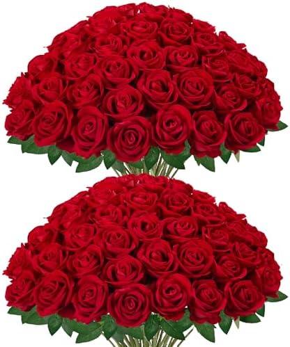 InnoGear 50 Pcs Red Roses Artificial Flowers, Fake Velvet Silk Rose Bulk Faux Flower for Valentine's Gift Decoration DIY Wedding Centerpieces Proposal Bridal Bouquets Party Floral Decor (50, Red)