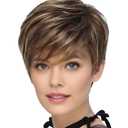 TISHINING Pixie Cut Brown Short Hair Wigs for White Women with Bangs Brown Mixed Blonde Highlights Layered Natural Looking Synthetic Hair Replacement Wigs for Daily Party Use, Color: Mixed Brown Wavy