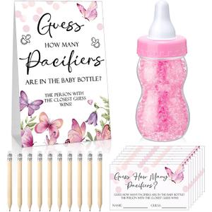 Roowest 512 Pcs Baby Shower Games Guess How Many Pacifiers Sign 100 Small Guessing Games 10 HB Pencils 750ml Milk Bottle 400 Acrylic Pacifiers Decoration for Guest Gender Reveal(Pink,Butterfly)