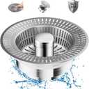 Kitchen Sink Drain Strainer and Stopper Combo, 3 in 1 Stainless Steel Pop-Up Sink Stopper & Drain Strainer for Standard Drains, Ideal Sink Protectors for Kitchen Sink