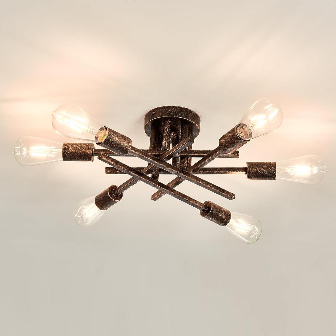 ASGYISA 6-Lights Semi Flush Mount Ceiling Light Fixture Vintage Modern Bronze Matte Sputnik Chandelier Farmhouse Ceiling Lamp for Kitchen Bedroom Dining Room Living Room Entryway.