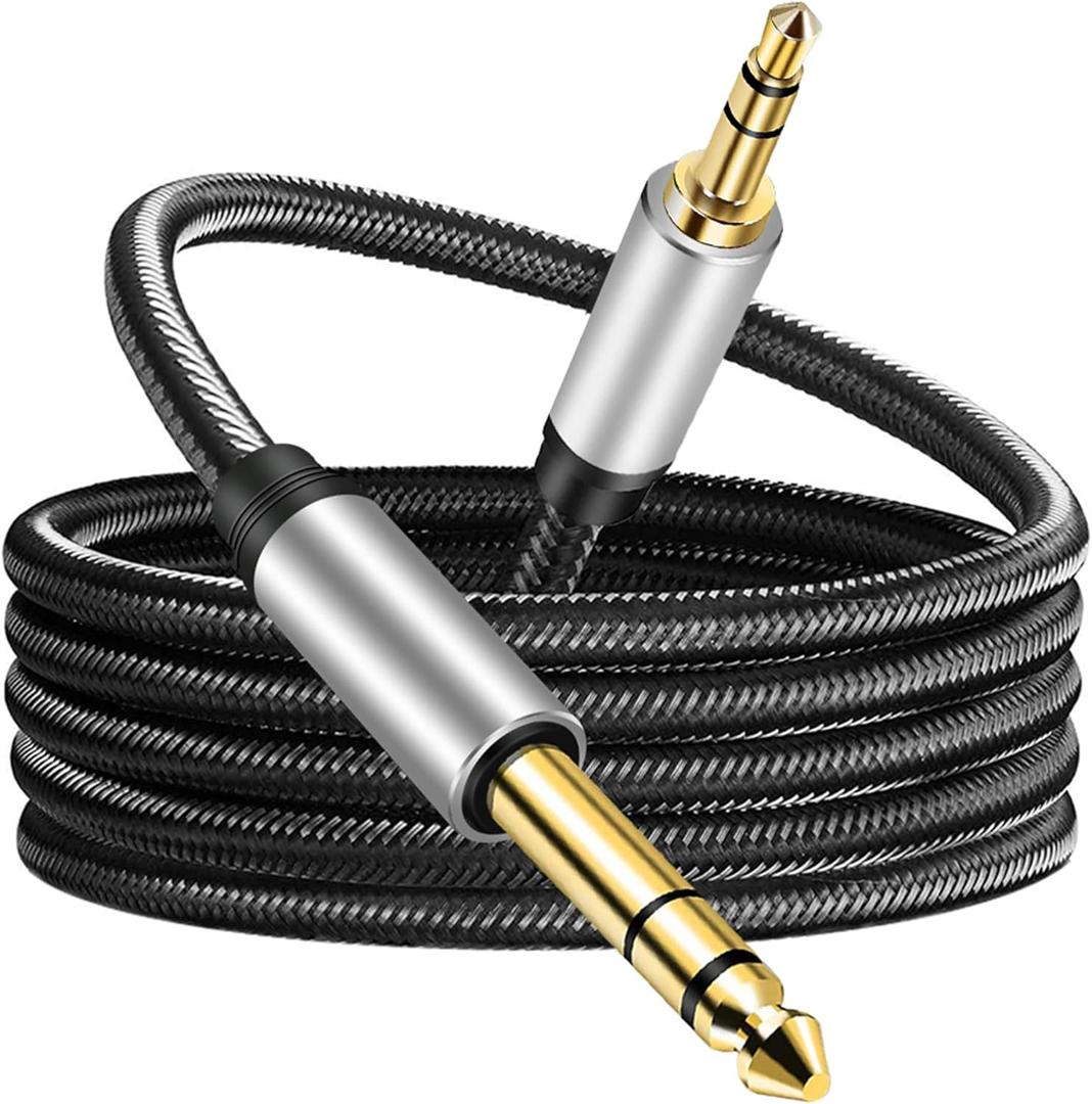 3.5 mm to 6.35 mm Audio Cable 20Ft, Gold-Plated Terminal Silver Color Zinc Alloy Housing 3.5mm 1/ 8" Male TRS to 6.35mm 1/ 4" Male TRS Nylon Braided Stereo Audio Cable for iPhone, Amplifiers(20Ft/ 6M)