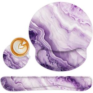 Britimes Purple Marble Gold Ergonomic Mouse Pad Set with Wrist Rest Non-Slip Rubber Base Wrist Cushion Support and Coasters Mousepad with Wrist Support for Computer Keyboard and Desk