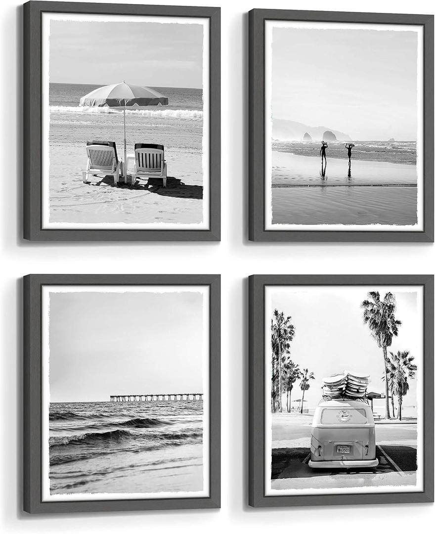 Framed Beach Wall Art Bedroom: Modern Black and White Living Room Tropical Ocean Wave Scene Picture Relaxing Bathroom Coastal Sea Landscape Painting Print 11x14 Vertical Seascape Artwork