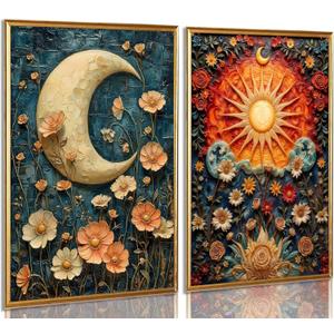 2Pcs Celestial Canvas Wall Art Vintage Tarot Mystical Moody Sun and Moon Floral Painting Picture Wall Decor Posters Print Artwork for Living Room Bedroom Home Decoration Unframed (24L" x 16W")