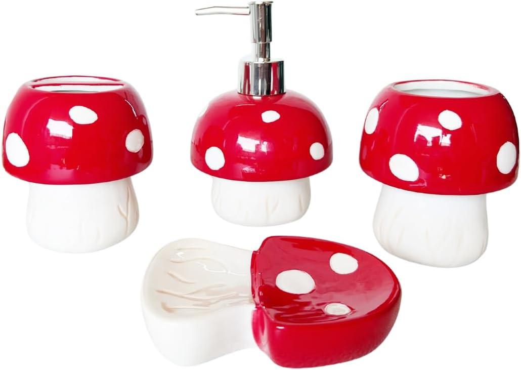 Mushroom Bathroom Accessories Set  4-Piece Ceramic Set (Soap Dispenser, Dish, Toothbrush Holder, Tumbler)  Hand-Painted, Eco-Friendly, Cottagecore Decor for Boho & Rustic Homes