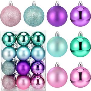 Syhood 24 Pcs Glittering Pastel Christmas Ball Ornaments Candy Pink Aqua Teal Purple Ball Set Christmas Tree Decorations 2.4 Inch Glittering Plastic Hanging Decorations for Wedding Party Decoration