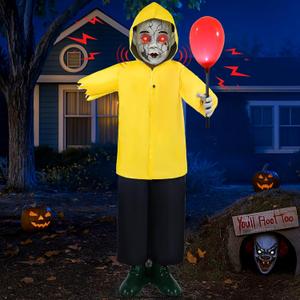 Halloween Decorations Outdoor 4FT Life Size Scary Boy Animatronics Prop with Glowing Red Balloon Sound & Motion Activated Sensor Outside Indoor Yard Haunted Party Grave Decor
