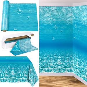 HOBBY HORSE 100 x 54 Inch Under The Ocean Tablecloth Roll in Slide Cutter Box Disposable Ocean Backdrop Mermaid Table Cover Ocean Waves Bulletin Board Plastic Roll for Beach Birthday Classroom Decor