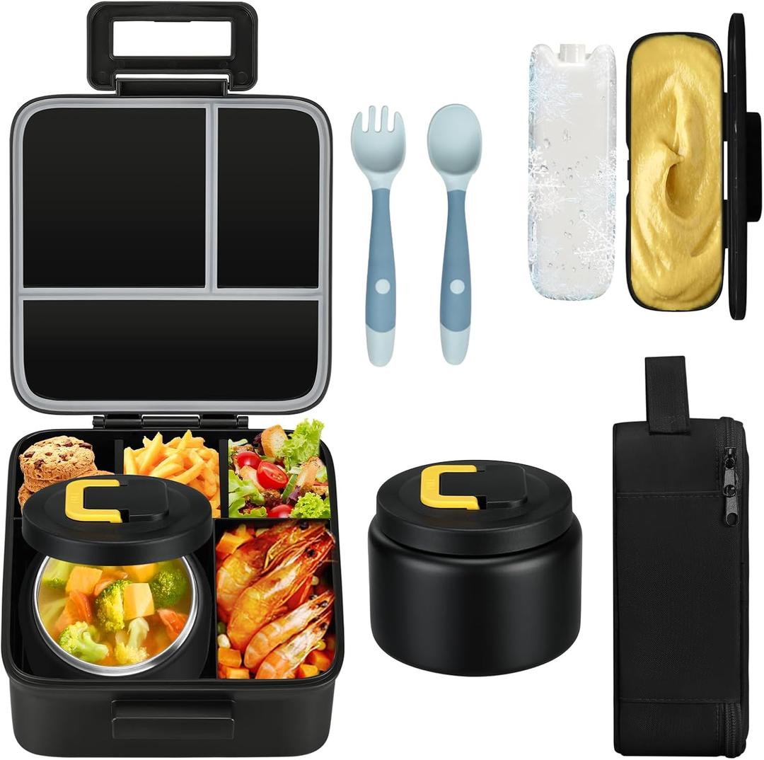 MAISON HUIS Bento Lunch Box with 8oz Soup Thermo, 5-Compartment Leak-Proof Container, Thermo Hot Food Jar and Insulated Lunch Bag, BPA Free,Travel, School (Black)