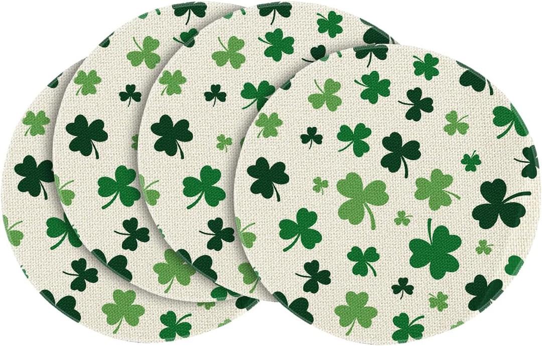 Artoid Mode Beige Shamrock St. Patrick's Day Round Placemats Set of 4,14 Inch Seasonal Holiday Farmhouse Table Mats for Party Kitchen Dining Decoration