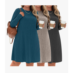 3 Pack Women's Plus Size Sweater Tunic Dresses, Long Sleeve Crew Neck Knit Dresses Loose Fit for Casual Fall Winter, 3XL