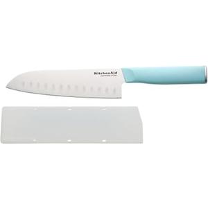 KitchenAid Gourmet Forged Santoku Knife with Custom-Fit Blade Cover, Sharp Kitchen Knife, High-Carbon Japanese Stainless Steel Blade, 7 Inch, Blue