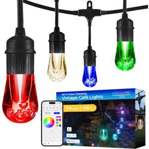 Enbrighten Vibe Vintage Outdoor String Lights Gen 2, 48ft, 24 RGBWIC Acrylic Bulbs, Weatherproof, Perfect for Gameday, Holidays, and More, Smart App Control, Compatible with Alexa, Google Home, 86128