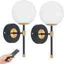 Battery Operated Globe Wall Sconces Set of 2, Black & Gold Wireless Wall Lights with Remote Control, Rechargeable 3 Color Stepless Dimming Modern Wall Decor Lamp for Bedroom Living Room Hallway (Straight Tube)