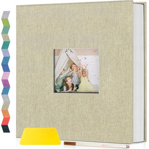 Popotop Photo Album Self Adhesive with Picture Display Window,40 Pages DIY Scrapbooking Supplies Kit for 4x6 8x10 Picture,Linen Cover Memory Book for Baby Wedding, with Scraper and Metallic Pen