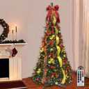 6FT Prelit Pull Up Artificial Christmas Tree with Lights, Decorations, Remote - Red, Gold Ornaments, Bows, Ribbons
