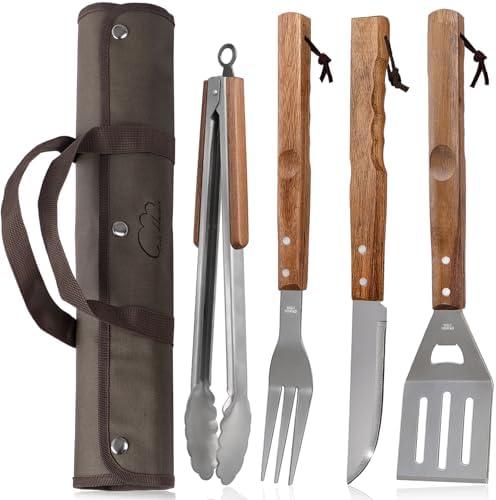 5pcs BBQ Grill Accessories Set - Stainless Steel Grilling Tools with Ergonomic Wooden Handle Includes Spatula, Tongs, Knife, Fork & Carry Bag, Grill Tools Set BBQ Utensils Gifts Set for Men Dad