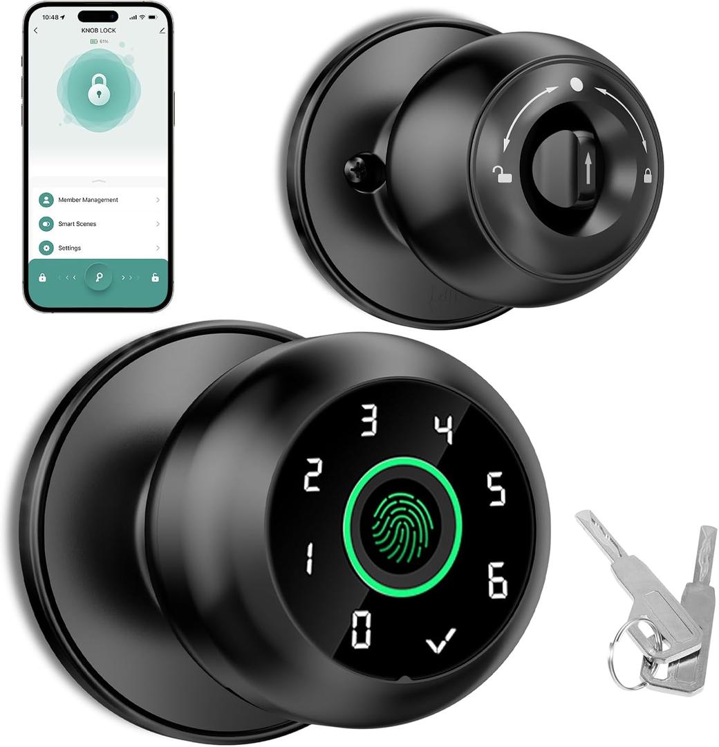 Fingerprint Door LockFingerprint and Keypad Input Smart Door knob, App Controlled Biometric Door Lock, Keyless Entry, Bedroom, Office, Hotel, Apartment Auto Door knob (Black)