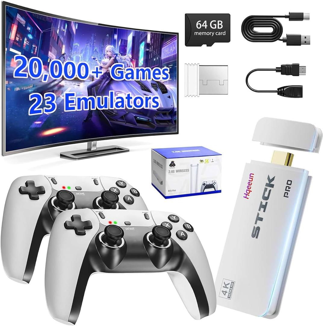 Retro Gaming Console, 2026 New Upgrade Retro Game Console Stick Built-in 20000+ Classic Games and 23 Emulators, Plug & Play 4K HDMI Output, Video Gaming Stick with Dual 2.4G Controllers (64GB)