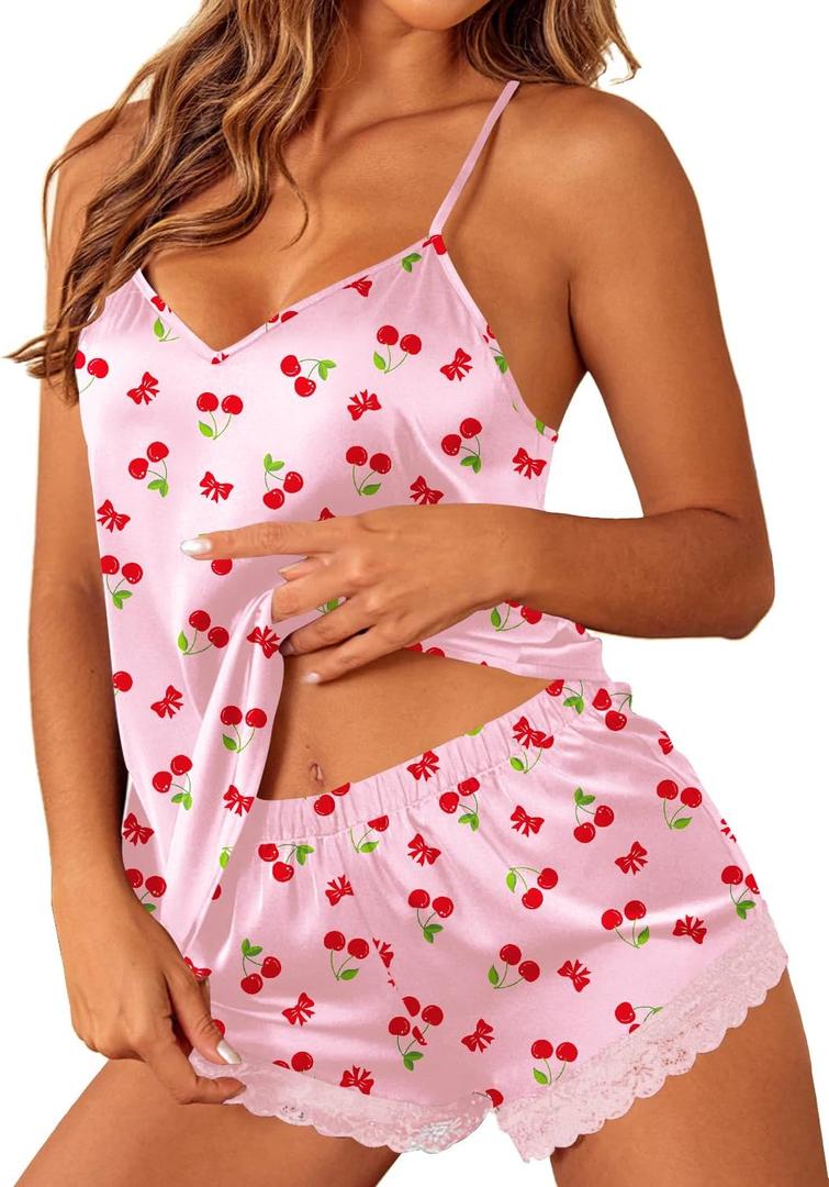 Ekouaer Satin Pajamas Women Lace Sleepwear Lingerie Cami Shorts Set Nightwear, Cherry Bow Small