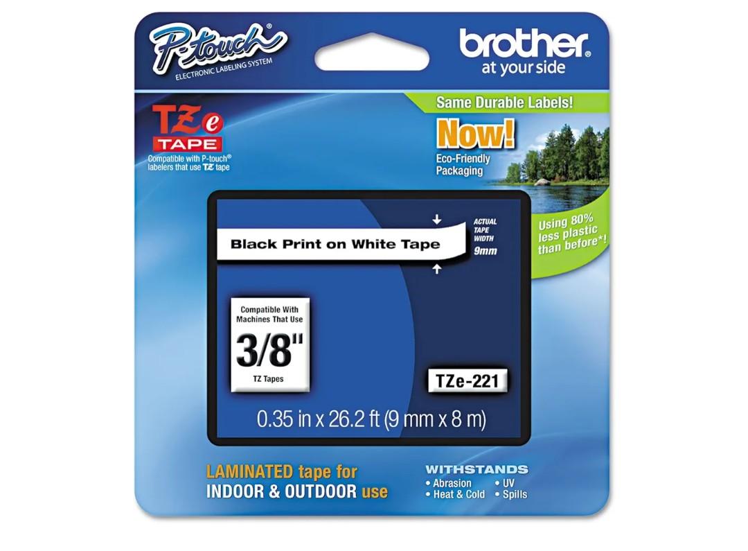Brother(R) TZe-221 Black-On-White Tape, 0.38in. x 26.2ft., BRTTZ221